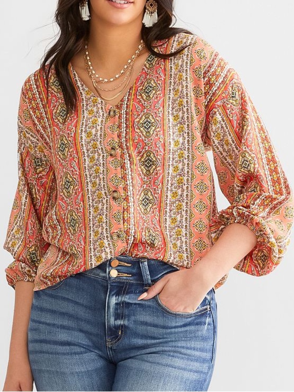 Buckle Coral Multi-Print Boho Button Front Blouse NWT